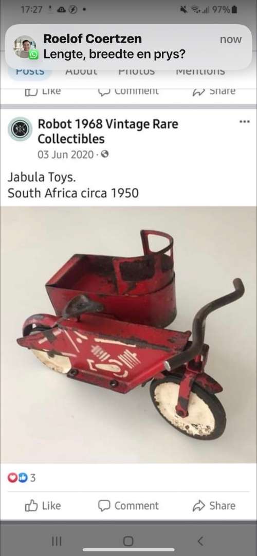 Tinplate Motorcycle and Sidecar by Jabula Toys (25 cm )