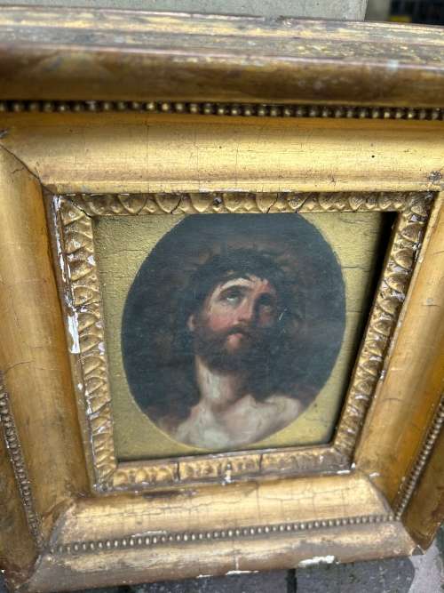 Vintage Oil on Board : Jesus ( 30 /15 x 27/13cm )