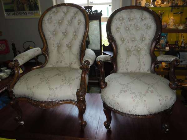 PAIR OF VICTORIAN WALLNUTT CHAIRS CIRCA 1870 ( GRANDFATHER AND MOTHER)