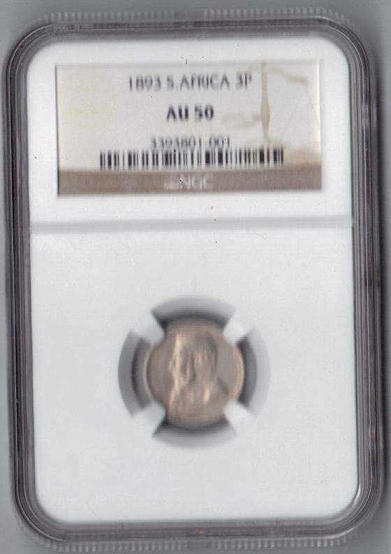 *** SCARCE 1893 ZAR 3 PENCE (Tickey)**NGC Graded AU 50!!**HERNS VALUE R25 000 -LOW MINTAGE