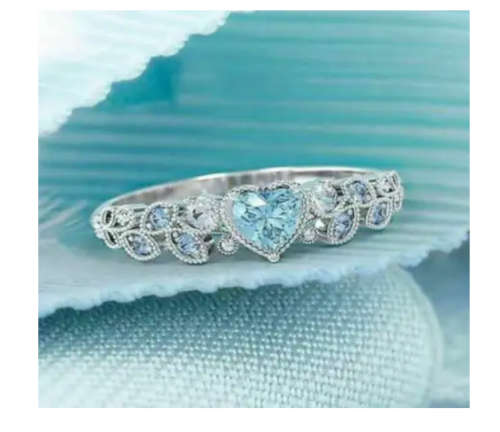 Intricate Silver Aqua Heart Leaf Ring