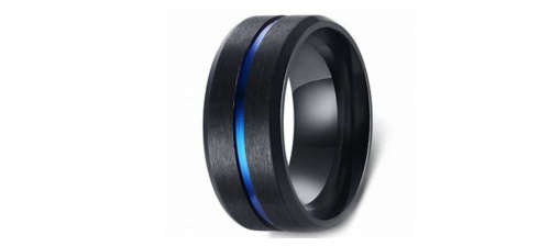 Black Titanium Men`s Band with Blue Stripe