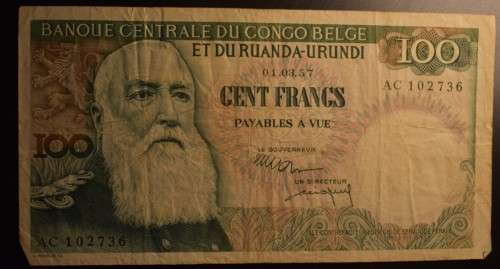 Belgium Congo 1957 100 Francs VF+