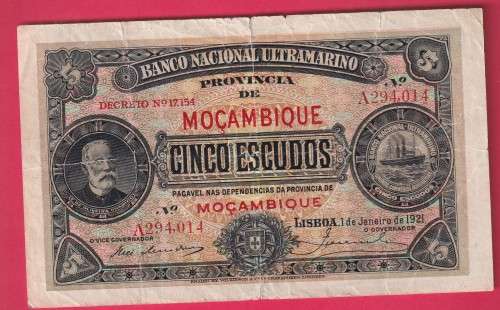MOZAMBIQUE 1 JAN 1921 5 ESCUDOS P 89 A