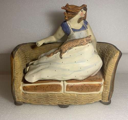 Elise Du Toit Ceramic `Woman on Couch with Cat` Sculpture