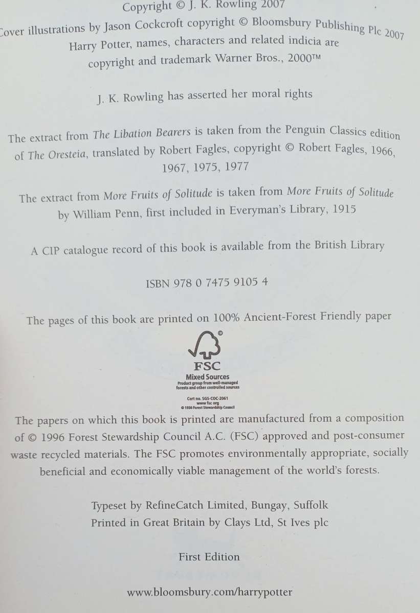 Harry Potter and the Deathly Hallows - Hard Cover, First Edition