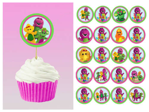 10pc double sided Barney themed cupcake toppers PLUS 10g fondant stars