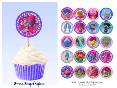 10pc double sided Trolls themed cupcake toppers PLUS 10g fondant hearts