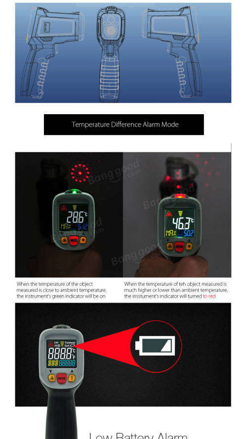 Mustool MT6800 -50~800 Digital LCD Color Display Non Contact Infrared Laser Thermometer Temperature