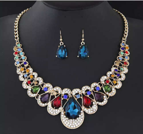 **New** Elegant Ladies Crystal Earring And Necklace Set, 18KGP - Multi colour Crystal