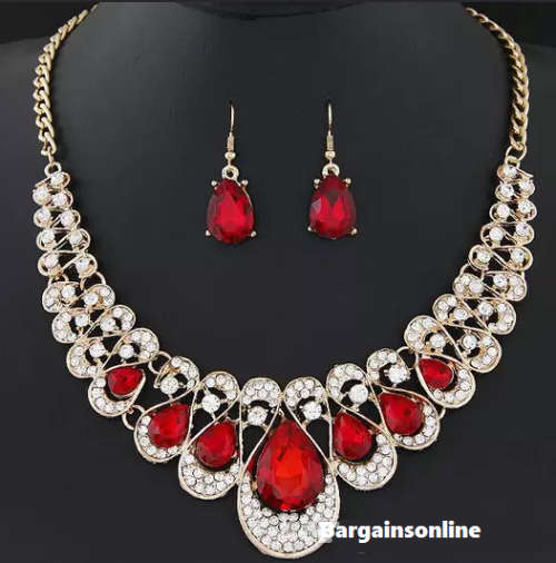 **New** Elegant Ladies Crystal Earring And Necklace Set, 18KGP, Ruby Crystal
