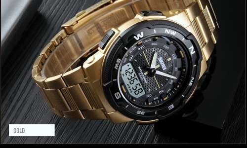 SKMEI Men Fashion Sport Dual Display Analog & Digital Stainless Steel Watch (COLOUR: GOLD)