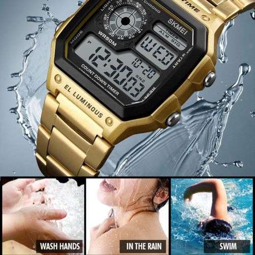 SKMEI Men's Stainless Steel LED Digital Sport Waterproof Quartz Wrist Watch COLOUR - GOLD