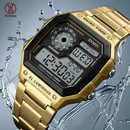SKMEI Men's Stainless Steel LED Digital Sport Waterproof Quartz Wrist Watch COLOUR - GOLD