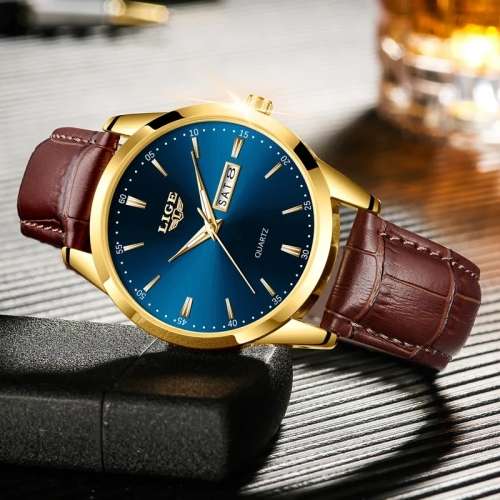 Lige Mens Luxury Leather Strap Watch ( Blue Dial Colour)