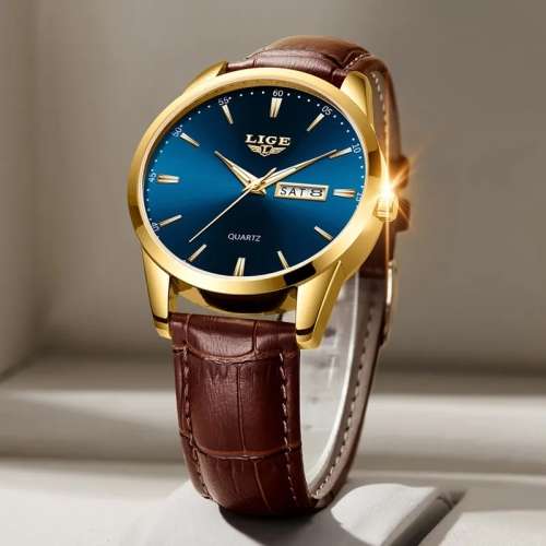 Lige Mens Luxury Leather Strap Watch ( Blue Dial Colour)
