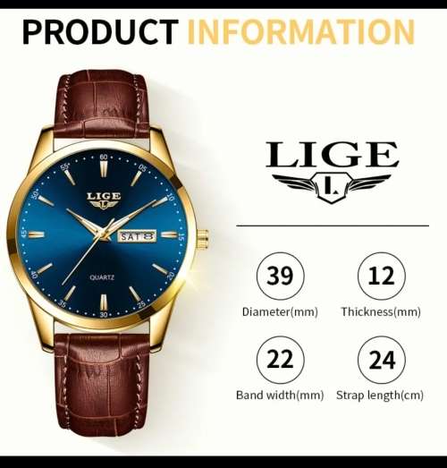 Lige Mens Luxury Leather Strap Watch ( Blue Dial Colour)