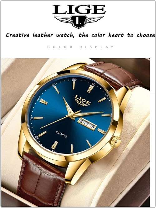 Lige Mens Luxury Leather Strap Watch ( Blue Dial Colour)
