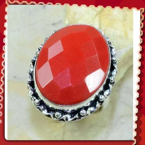 ***VIBRANT *** RED CORAL GEMSTONE .925 STERLING SILVER RING SIZE 8