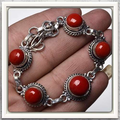 ***STUNNING ANTIQUE SETTING***  RED CORAL  GEMSTONE  925 S /SILVER BRACELET
