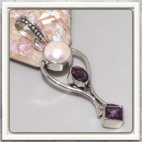 ***STUNNING SETTING*** NATURAL PURPLE AMETHYST , PEARL GEMSTONE 925 SILVER PENDANT