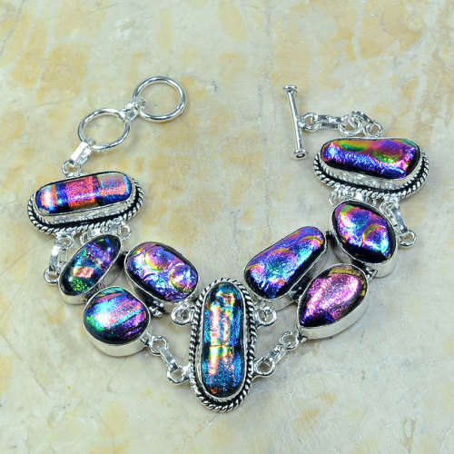 ***STUNNING COLOURS VERSATILE FOR MANY OUTFITS*** AMERICAN DICHROIC GLASS  925 SILVER BRACELET