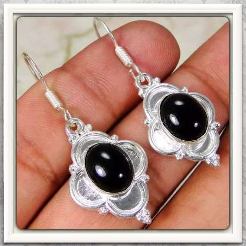 ***FANTASTIC ONE OF A KIND***  NATURAL BLACK ONYX, GEMSTONE  SILVER EARRINGS