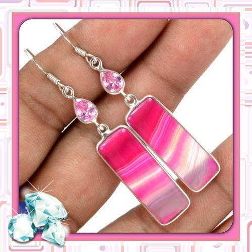 ***PRETTY***PINK BOTSWANA AGATE & PINK KUNZITE 925 STERLING SILVER EARRINGS