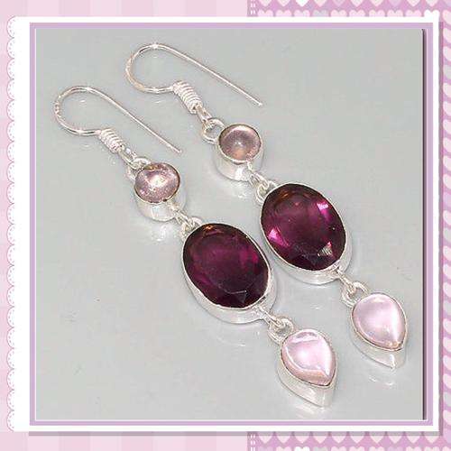 ***LOVELY COLOUR COMBINATION***Rose Quartz, Amethyst, Silver Earrings 64mm Gemstone Jewelry