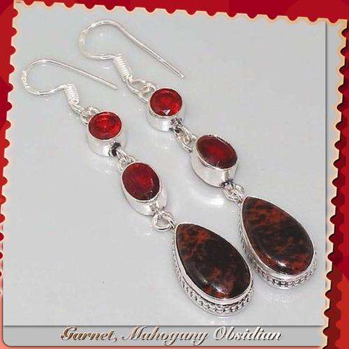 ***ABSOLUTELY STUNNING***Mahogany Obsidian, Garnet, Silver Earrings 65mm Gemstone Jewelry