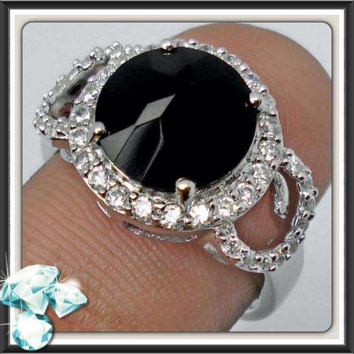 ***BREATHTAKING***FACETED BLACK ONYX CUT WITH WHITE TOPAZ 925 STERLING SILVER RING SIZE 8