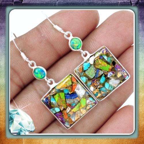 MAGNIFICENT**ELEGANT MULTI COPPER  TURQUOISE & FIRE OPAL GEMSTONE 925 SILVER EARRINGS
