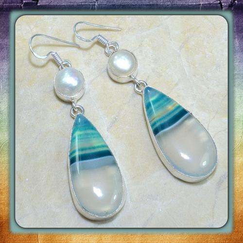 ***ELEGANT SETTING*** BOTSWANA AGATE+RIVER PEARL EARRINGS