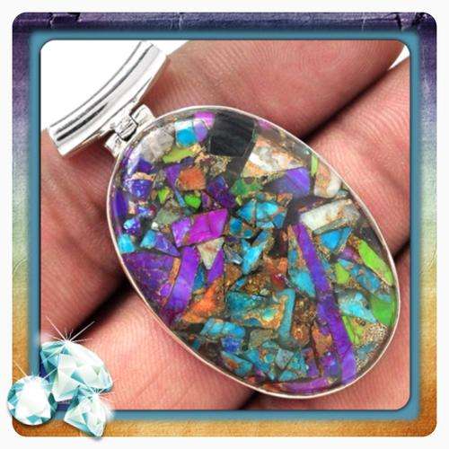 ***ENCHANTING AND UNIQUE*** MULTI COPPER TURQUOISE GEMSTONE SOLID .925 SILVER PENDANT