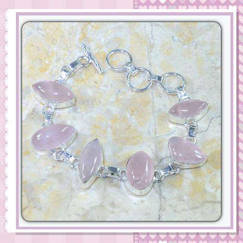 ***STUNNING SETTING***FEMININE PINK ROSE QUARTZ BRACELET .925 STERLING SILVER
