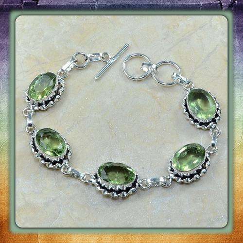 ***BEAUTIFULY DESIGNED *** GREEN AMETHYST GEMSTONE  .925 STERLING SILVER BRACELET
