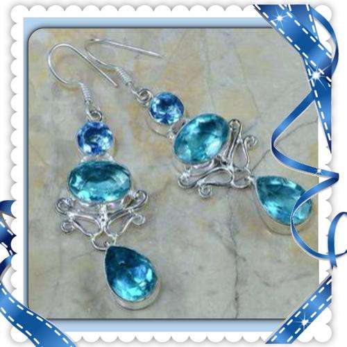 ***SENSATIONAL***LONG DANGLE BLUE TOPAZ 925 SILVER EARRINGS