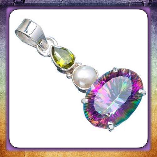 ***SPECTACULAR***PERIDOT, WHITE PEARL, RAINBOW MYSTIC TOPAZ  SOLID .925 STERLING SILVER PENDANT