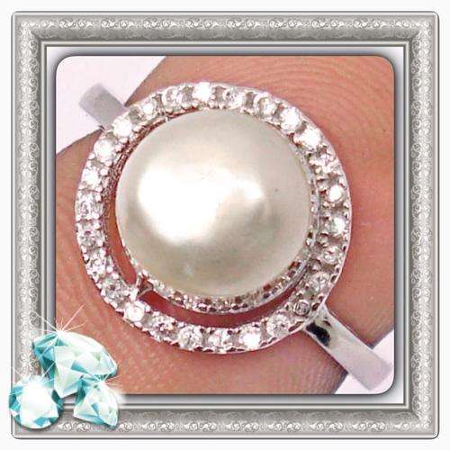 ***GRACIOUS***  NATURAL WHITE PEARL , WHITE TOPAZ SOLID .925 STERLING SILVER SIZE 6.5