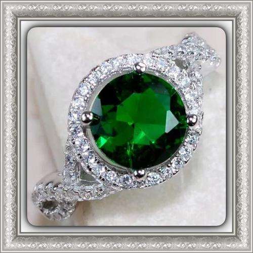 ***STUNNING***2 CT RUSSIAN NANO GREEN EMERALD QUARTZ, WHITE TOPAZ  SOLID .925 STERLING SILVER SIZE 8