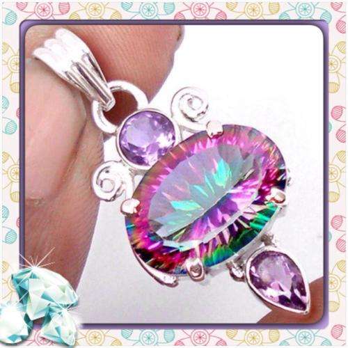 ***NEW LISTING*** NATURAL RAINBOW MYSTIC TOPAZ, PURPLE AMETHYST  SOLID .925 STERLING SILVER PENDANT