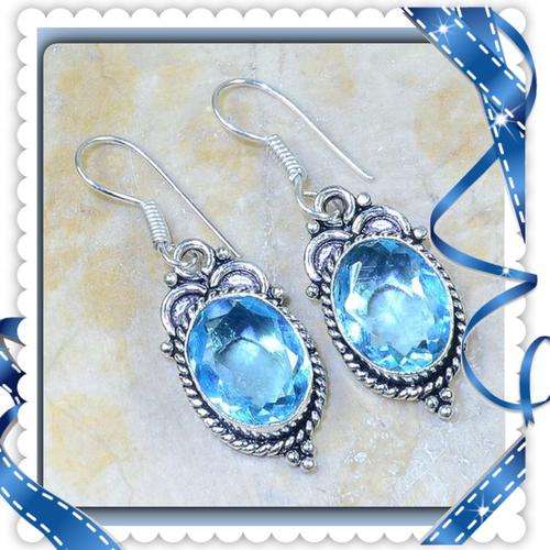 ***SENSATIONAL***NATURAL DANGLE BLUE TOPAZ 925 SILVER EARRINGS