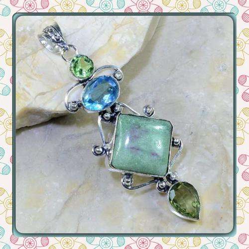 ***NEW INCREDIBLE***BLUE TOPAZ, RUBY ZOISITE, GREEN AMETHYST PENDANT SET IN 925 SILVER