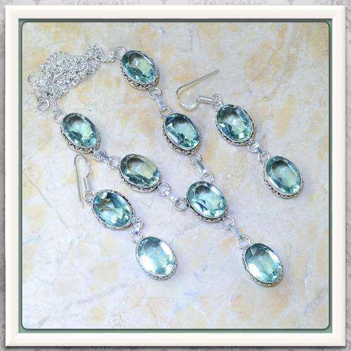 ***GRACEFUL VICTORIAN EDGES** SEA FOAM GREEN AMETHYST  .925 SILVER NECKLACE & EARRINGS