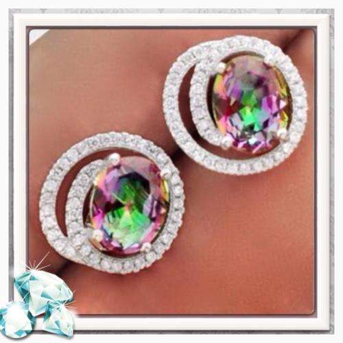 ***EXQUISITE DAZZLING***8.36 CTS MYSTIC RAINBOW TOPAZ,WHITE TOPAZ STUD EARRINGS IN SOLID .925 SILVER