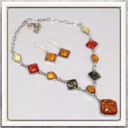 ***RARE MULTI TONE***PRESSED AMBER DIAMOND SHAPE STONES IN .925 SILVER NECKLACE & EARRINGS