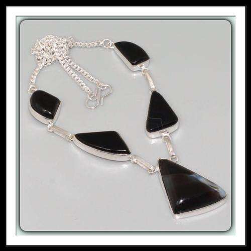 ***MUST HAVE ELEGANCE FOR EVERY WARDROBE***GEOMETRIC NATURAL BLACK ONYX .925 SILVER NECKLACE
