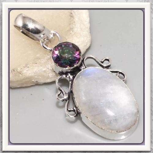 ***BREATHTAKING***NATURAL RAINBOW MOONSTONE, RAINBOW MYSTIC TOPAZ .925 SILVER PENDANT