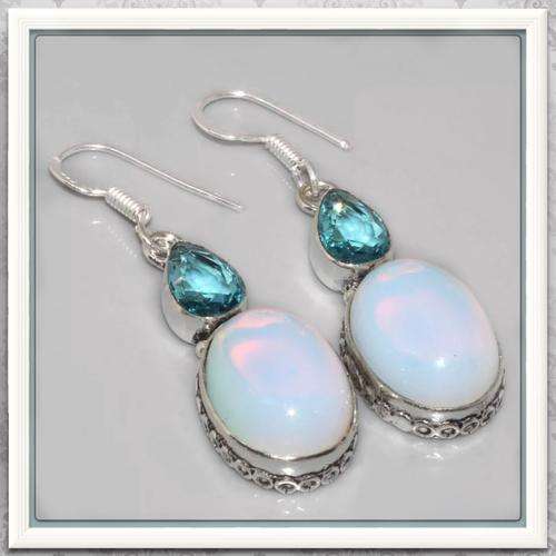 ***STUNNING***  BLUE APATITE, OPALITE .925 STERLING SILVER EARRINGS