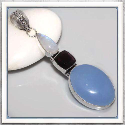 ***DREAMY***  BLUE CHALCEDONY, AMETHYST, RAINBOW MOONSTONE .925  SILVER PENDANT